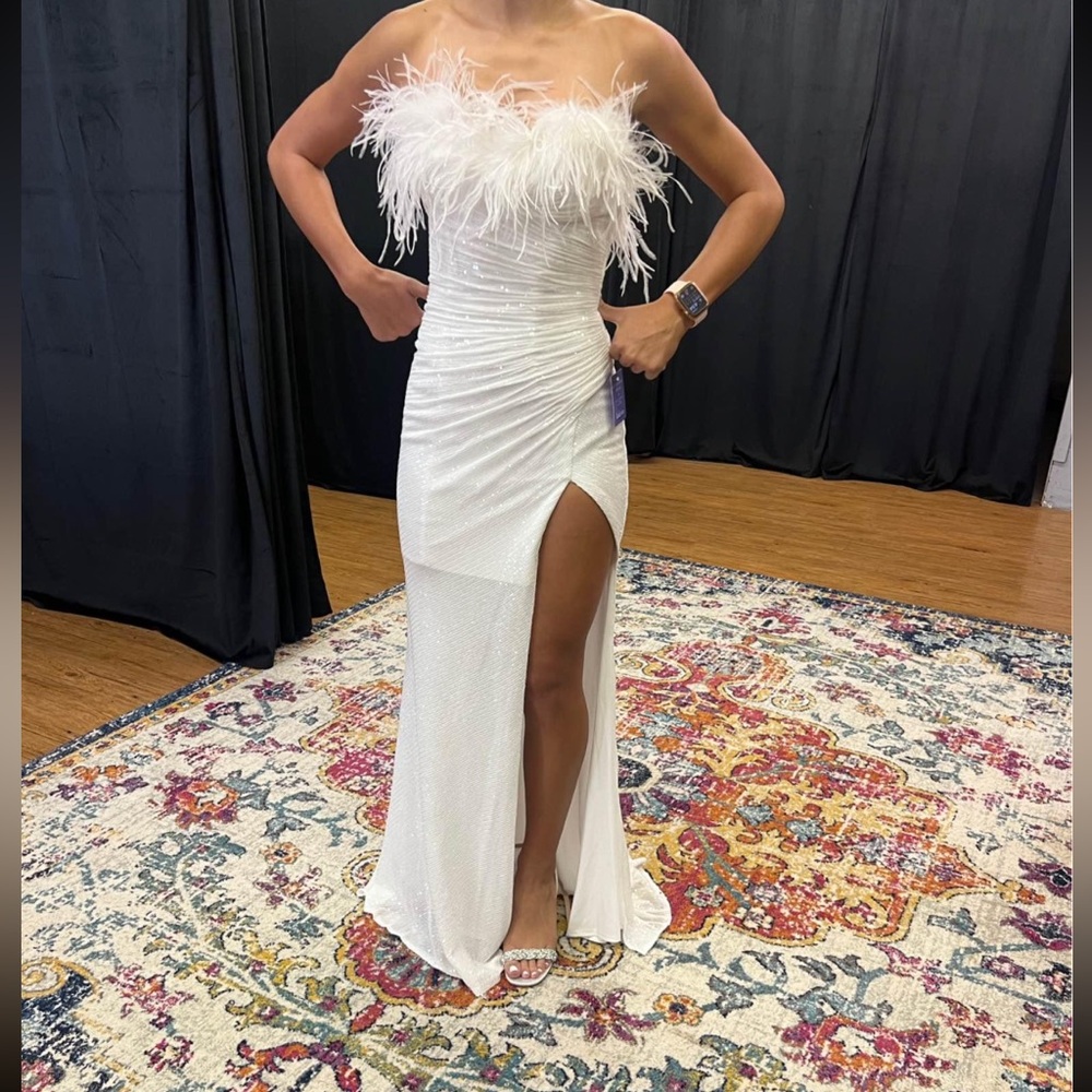 Elegant White Feathered Evening Gown